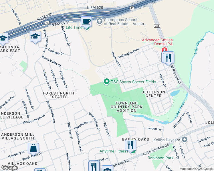 map of restaurants, bars, coffee shops, grocery stores, and more near 13450 Briarwick Drive in Austin