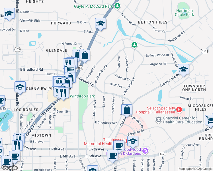 map of restaurants, bars, coffee shops, grocery stores, and more near 2005 Lee Avenue in Tallahassee