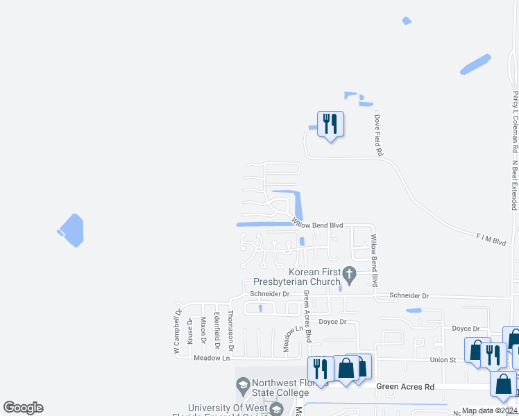 map of restaurants, bars, coffee shops, grocery stores, and more near 2606 Windsor Lane in Fort Walton Beach
