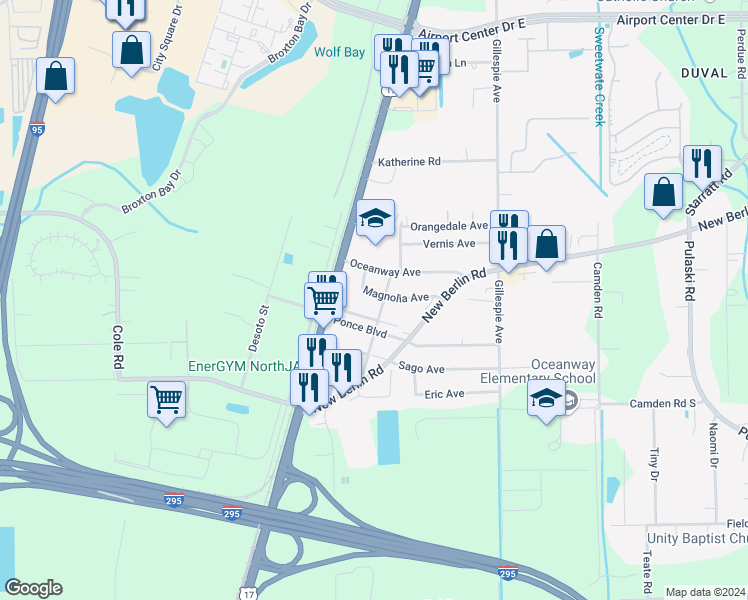map of restaurants, bars, coffee shops, grocery stores, and more near 57 Ponce Boulevard North in Jacksonville