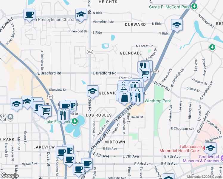 map of restaurants, bars, coffee shops, grocery stores, and more near 511 Glenview Drive in Tallahassee