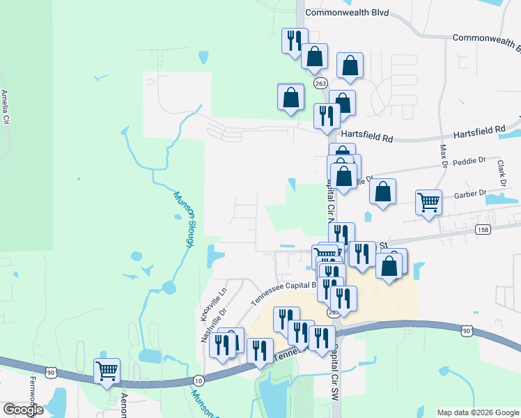 map of restaurants, bars, coffee shops, grocery stores, and more near 1504 Crescent Hills Drive in Tallahassee