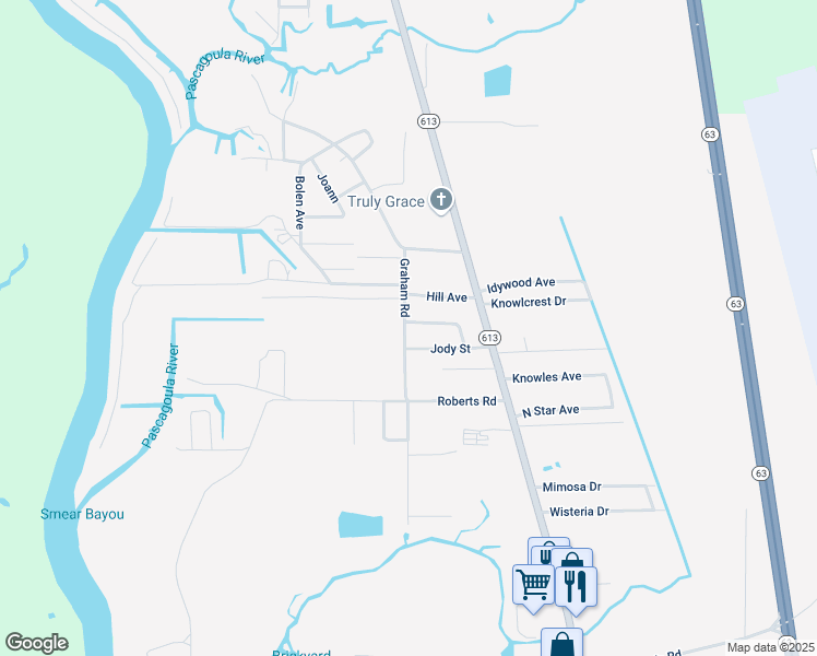 map of restaurants, bars, coffee shops, grocery stores, and more near 3800 Jeffery Road in Moss Point