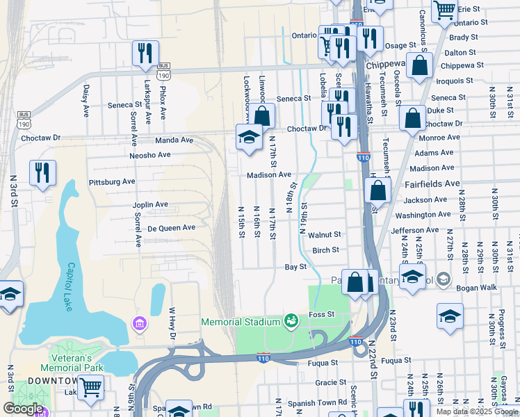 map of restaurants, bars, coffee shops, grocery stores, and more near 1944 North 16th Street in Baton Rouge