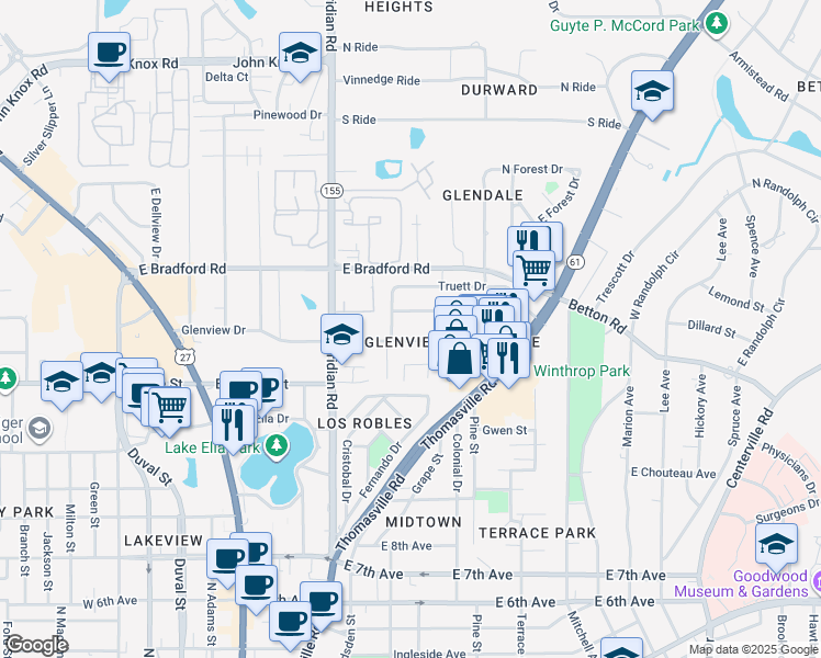 map of restaurants, bars, coffee shops, grocery stores, and more near 511 Glenview Drive in Tallahassee