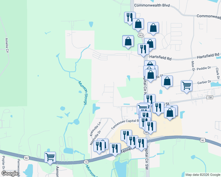 map of restaurants, bars, coffee shops, grocery stores, and more near 1504 Crescent Hills Drive in Tallahassee