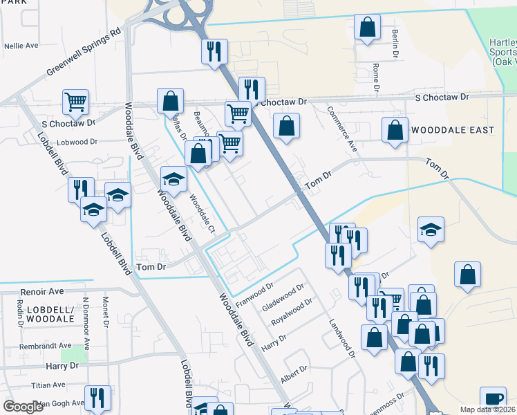 map of restaurants, bars, coffee shops, grocery stores, and more near 7767 Tom Drive in Baton Rouge