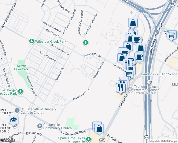 map of restaurants, bars, coffee shops, grocery stores, and more near 1300 Rauscher Drive in Pflugerville