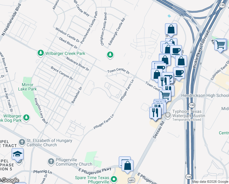 map of restaurants, bars, coffee shops, grocery stores, and more near 1300 Rauscher Drive in Pflugerville