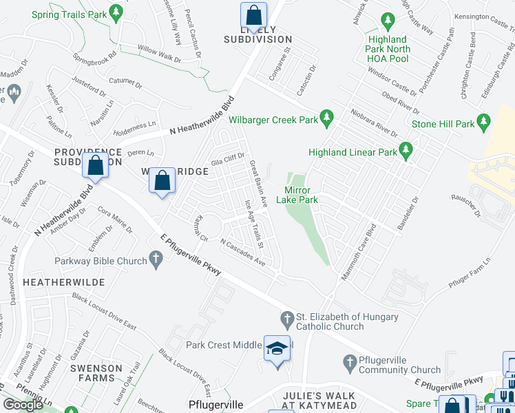 map of restaurants, bars, coffee shops, grocery stores, and more near 508 Crater Lake Drive in Pflugerville