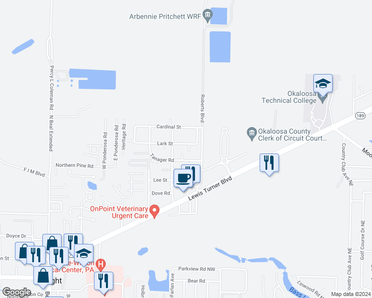 map of restaurants, bars, coffee shops, grocery stores, and more near 1202 Chimera Lane in Fort Walton Beach