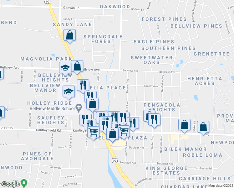 map of restaurants, bars, coffee shops, grocery stores, and more near 6250 Tributary Street in Pensacola