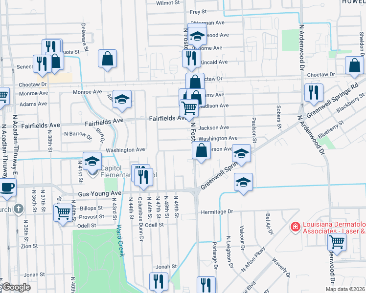 map of restaurants, bars, coffee shops, grocery stores, and more near 1797 North Foster Drive in Baton Rouge