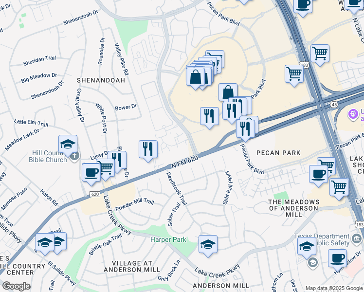 map of restaurants, bars, coffee shops, grocery stores, and more near 12638 Ridgeline Boulevard in Cedar Park