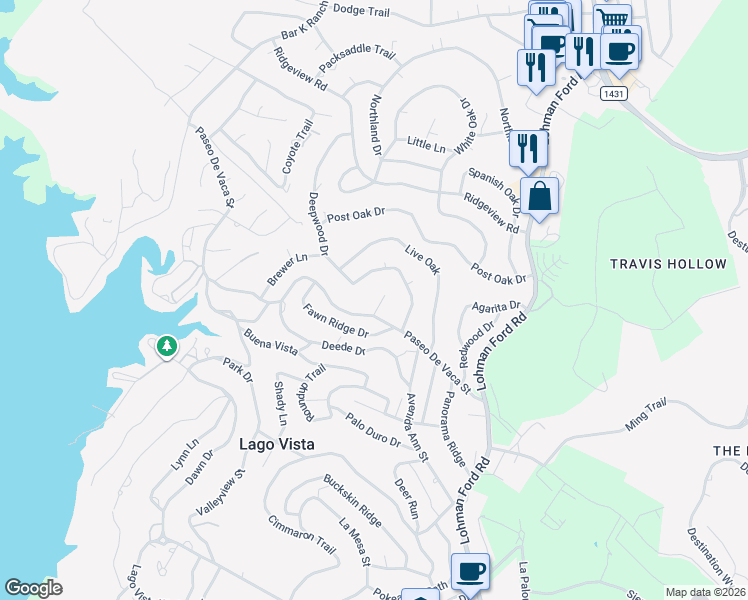 map of restaurants, bars, coffee shops, grocery stores, and more near 20507 Paseo De Vaca Street in Lago Vista