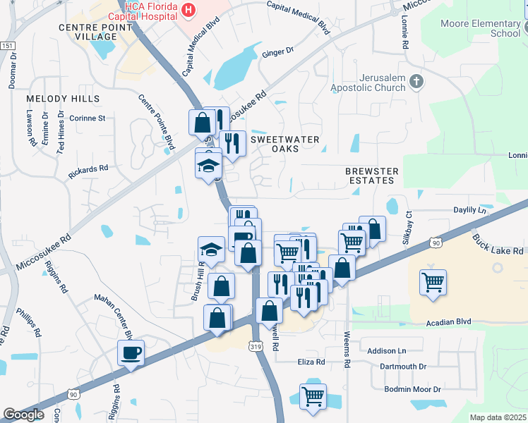 map of restaurants, bars, coffee shops, grocery stores, and more near 1707 Capital Cir NE in Tallahassee
