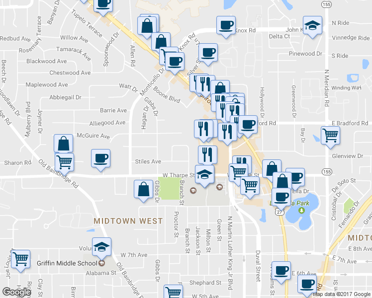 map of restaurants, bars, coffee shops, grocery stores, and more near 1902 Dawsey Street in Tallahassee
