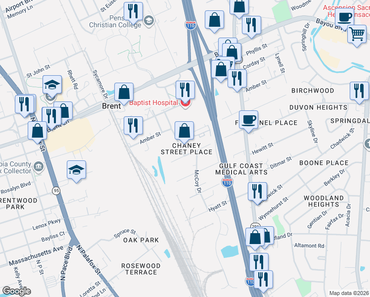 map of restaurants, bars, coffee shops, grocery stores, and more near 389 Royce Street in Pensacola