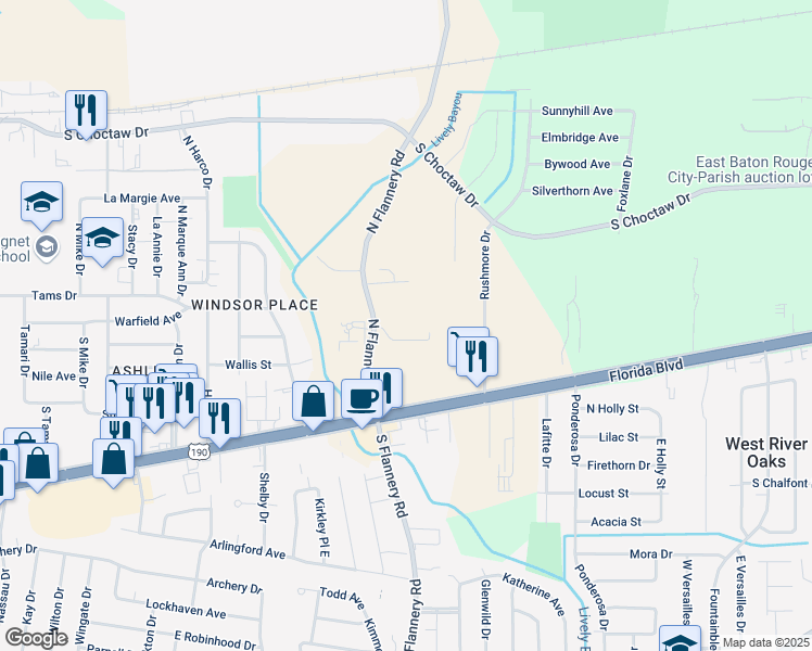 map of restaurants, bars, coffee shops, grocery stores, and more near 13122 Morlaix Court in Baton Rouge