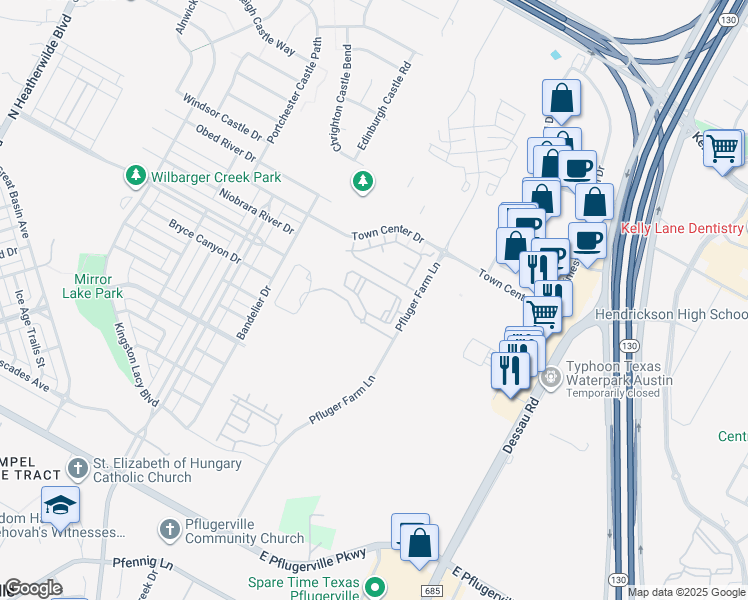 map of restaurants, bars, coffee shops, grocery stores, and more near 1241 Town Center Drive in Pflugerville