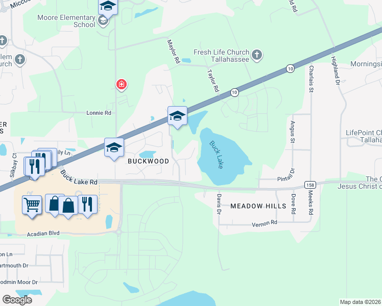 map of restaurants, bars, coffee shops, grocery stores, and more near 179 Harlan Court in Tallahassee