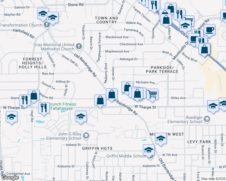 map of restaurants, bars, coffee shops, grocery stores, and more near 1905 Old Bainbridge Road in Tallahassee