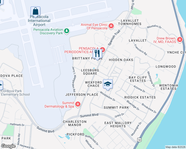 map of restaurants, bars, coffee shops, grocery stores, and more near 4113 Wynford Circle in Pensacola