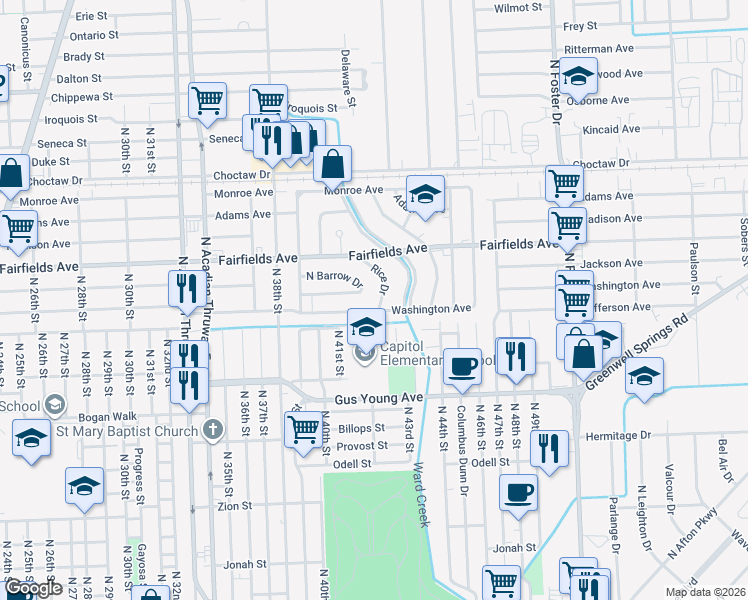 map of restaurants, bars, coffee shops, grocery stores, and more near 4236 Washington Avenue in Baton Rouge