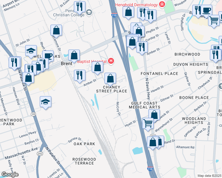 map of restaurants, bars, coffee shops, grocery stores, and more near 4902 Chaney Street in Pensacola