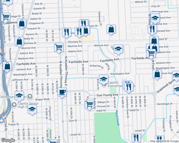map of restaurants, bars, coffee shops, grocery stores, and more near 3932 Washington Avenue in Baton Rouge
