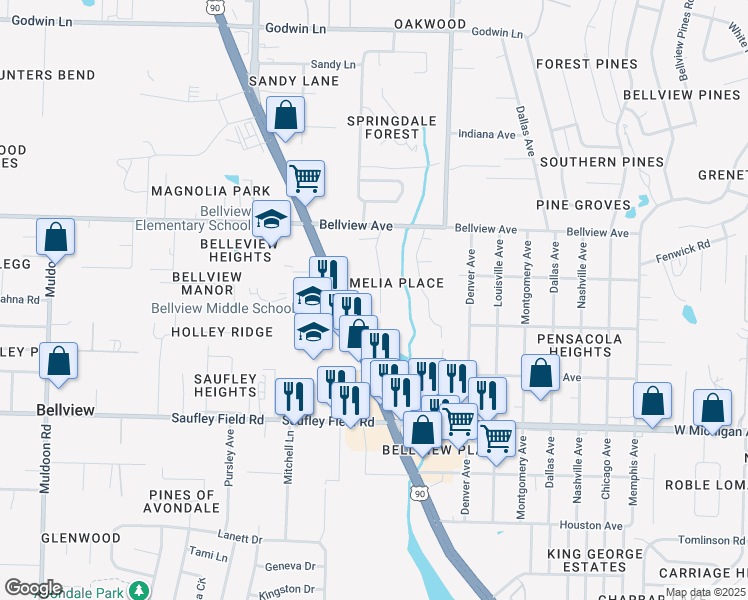 map of restaurants, bars, coffee shops, grocery stores, and more near 6323 Mers Lane in Pensacola