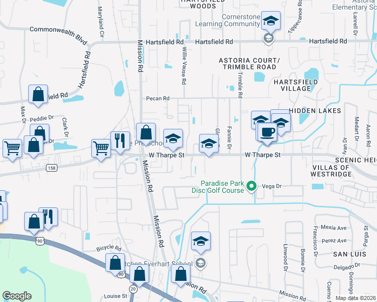 map of restaurants, bars, coffee shops, grocery stores, and more near 2738 West Tharpe Street in Tallahassee