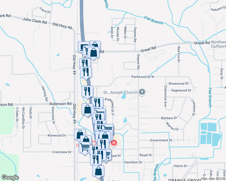 map of restaurants, bars, coffee shops, grocery stores, and more near 15353-15393 Pinewood Court in Gulfport