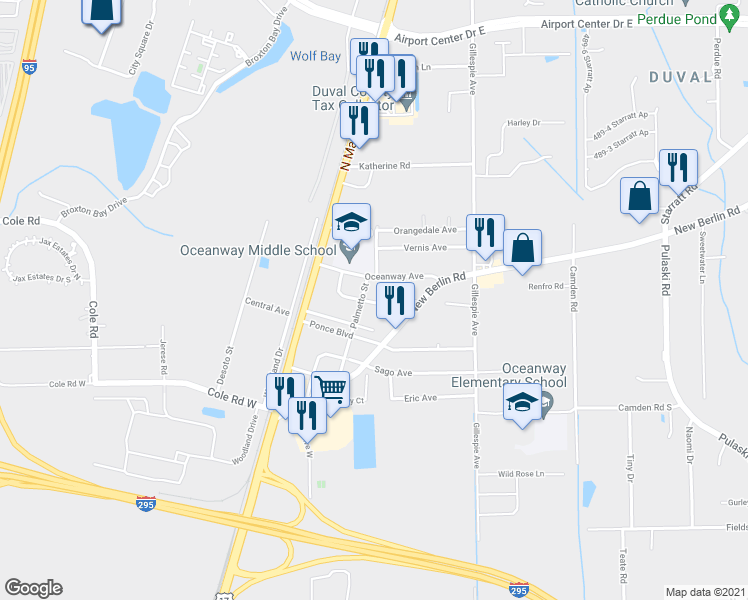 map of restaurants, bars, coffee shops, grocery stores, and more near 81 Magnolia Avenue in Jacksonville