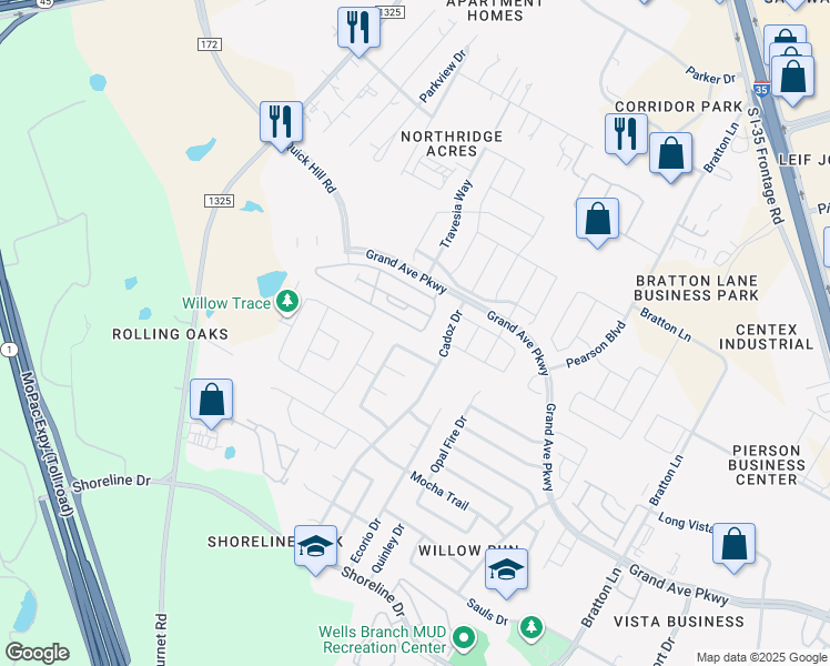 map of restaurants, bars, coffee shops, grocery stores, and more near 4301 Grand Avenue Parkway in Austin