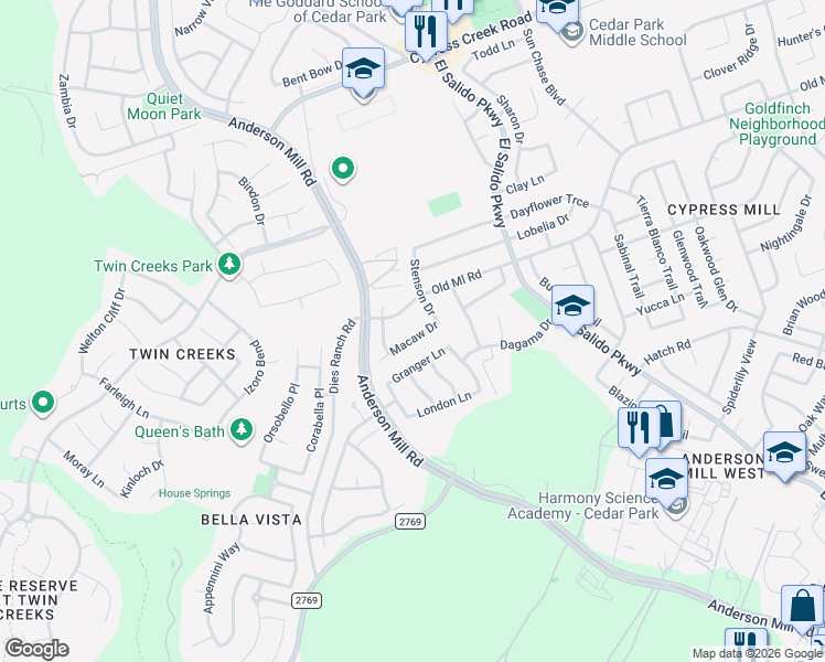 map of restaurants, bars, coffee shops, grocery stores, and more near 2214 Macaw Drive in Cedar Park