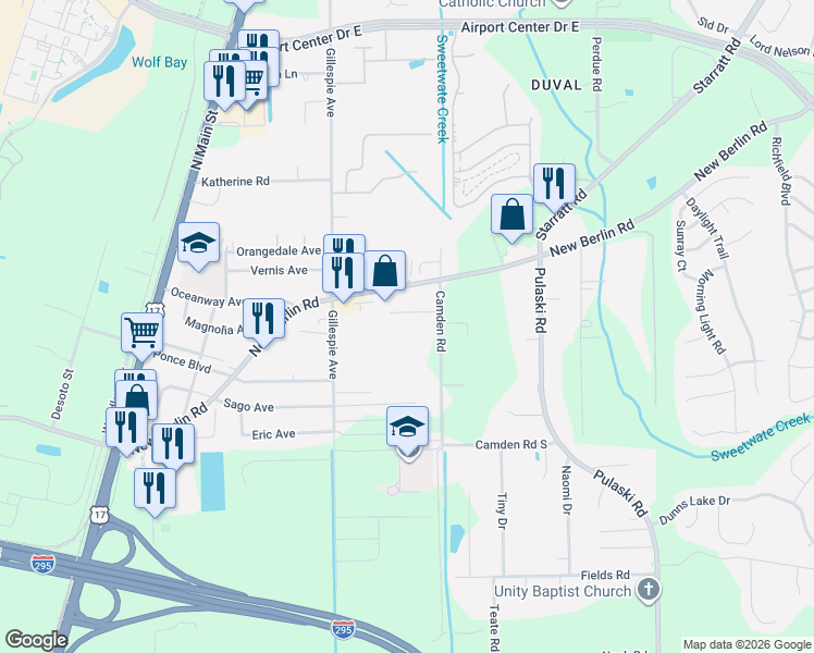 map of restaurants, bars, coffee shops, grocery stores, and more near 12526 Camden Road in Jacksonville