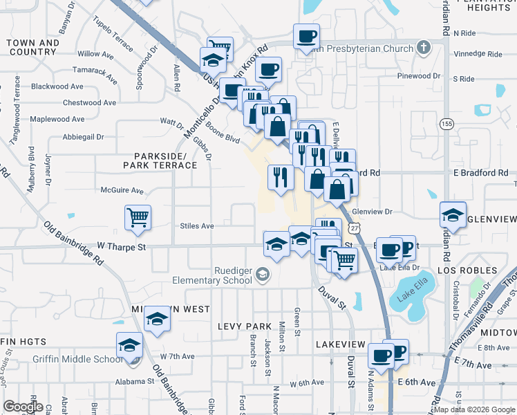 map of restaurants, bars, coffee shops, grocery stores, and more near 1902 Dawsey Street in Tallahassee