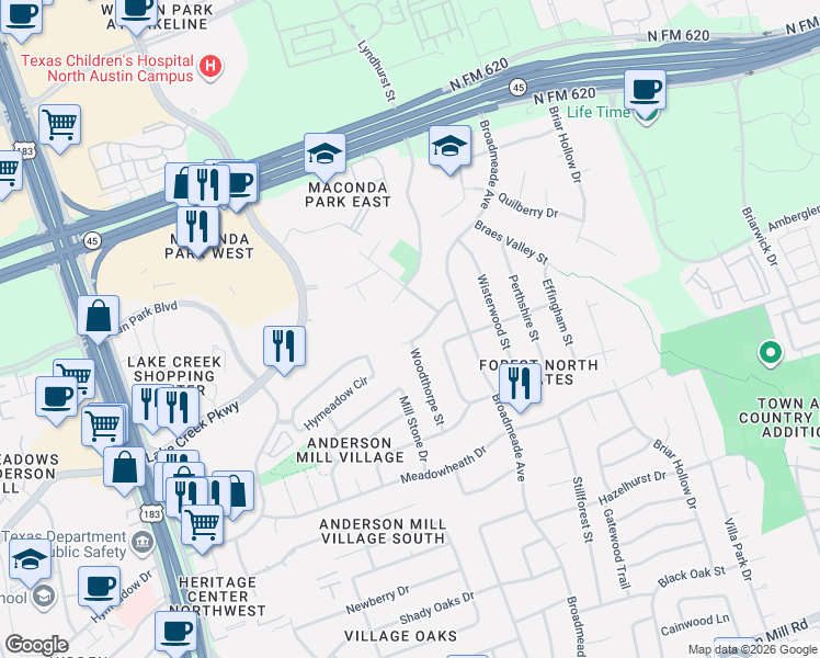 map of restaurants, bars, coffee shops, grocery stores, and more near 13224 Woodthorpe Street in Austin