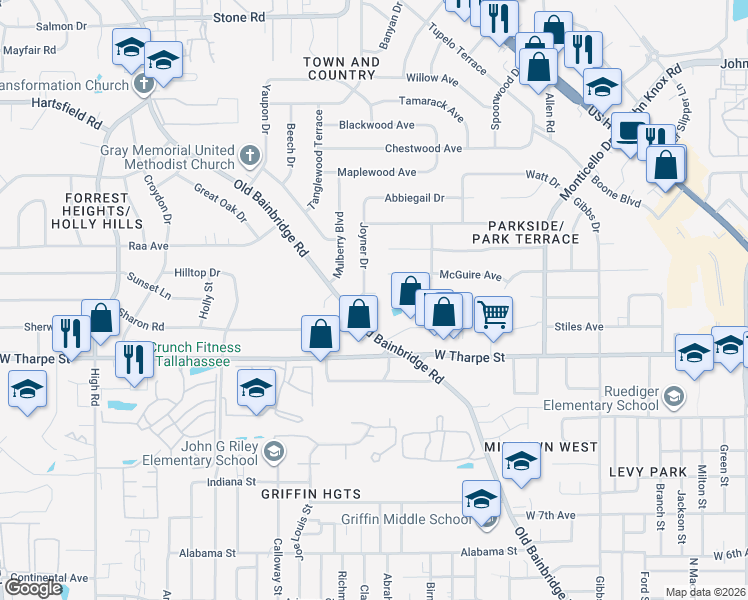 map of restaurants, bars, coffee shops, grocery stores, and more near 1111 Voncile Avenue in Tallahassee