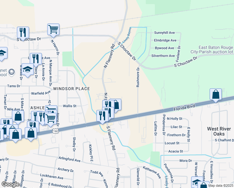 map of restaurants, bars, coffee shops, grocery stores, and more near 13122 Morlaix Court in Baton Rouge