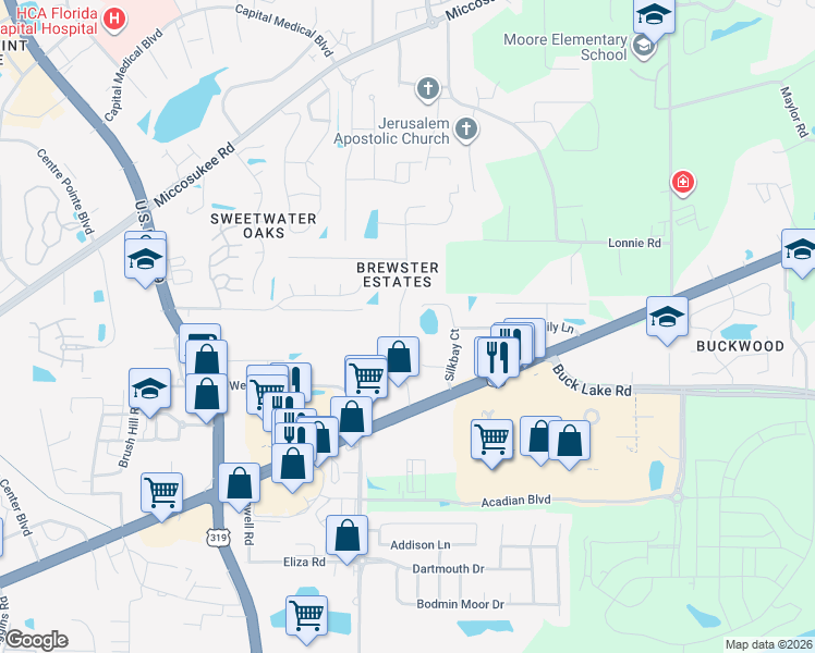 map of restaurants, bars, coffee shops, grocery stores, and more near 4067 Brewster Road in Tallahassee