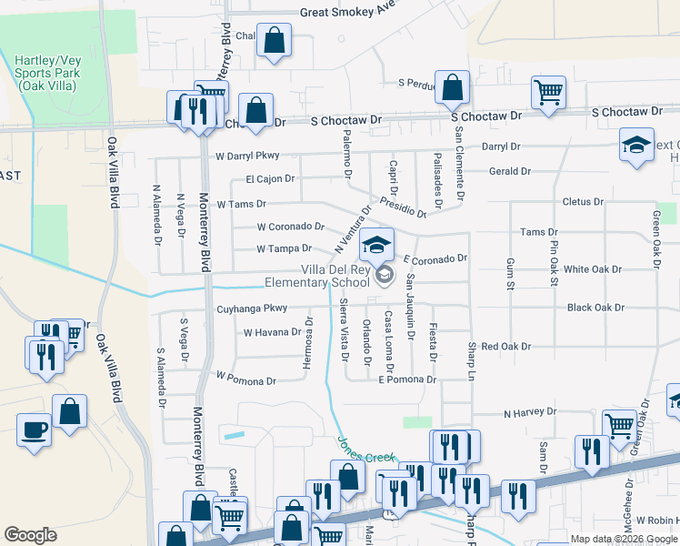 map of restaurants, bars, coffee shops, grocery stores, and more near 1675 Sierra Vista Drive in Baton Rouge