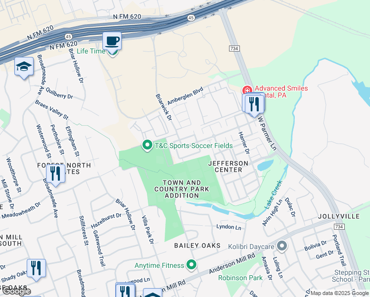 map of restaurants, bars, coffee shops, grocery stores, and more near 13400 Briarwick Drive in Austin