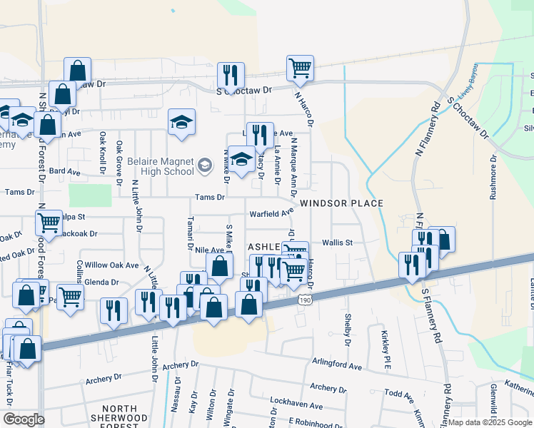 map of restaurants, bars, coffee shops, grocery stores, and more near 12483 Warfield Avenue in Baton Rouge