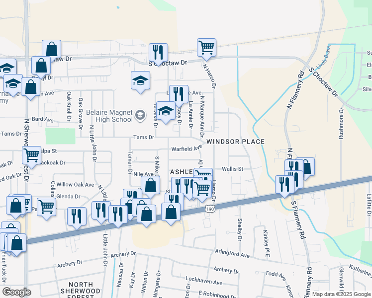 map of restaurants, bars, coffee shops, grocery stores, and more near 12469 Warfield Avenue in Baton Rouge