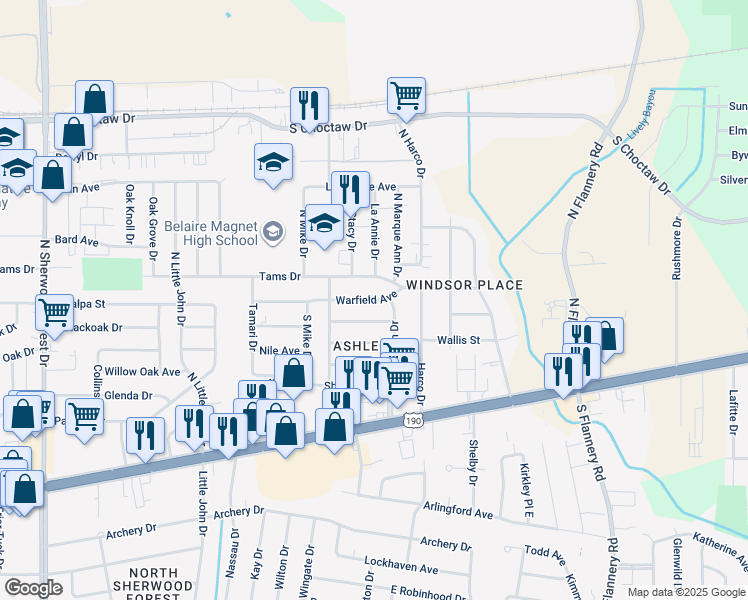 map of restaurants, bars, coffee shops, grocery stores, and more near 12562 Warfield Avenue in Baton Rouge