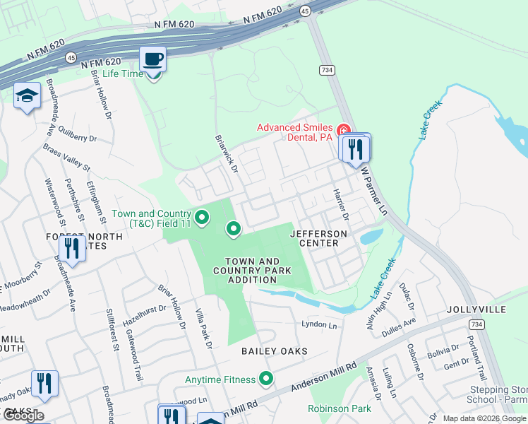 map of restaurants, bars, coffee shops, grocery stores, and more near 1401 Briarwick Drive in Austin