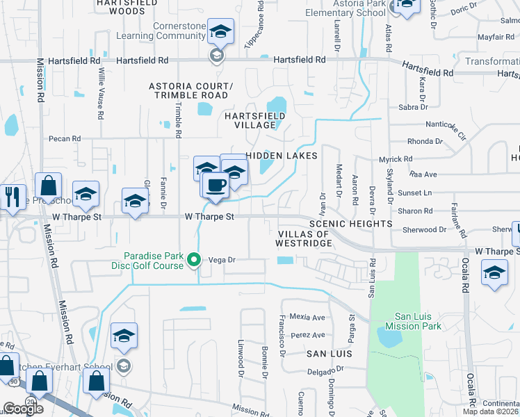 map of restaurants, bars, coffee shops, grocery stores, and more near 2424 West Tharpe Street in Tallahassee
