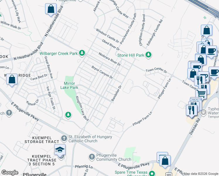 map of restaurants, bars, coffee shops, grocery stores, and more near 18323 Mammoth Cave Boulevard in Pflugerville
